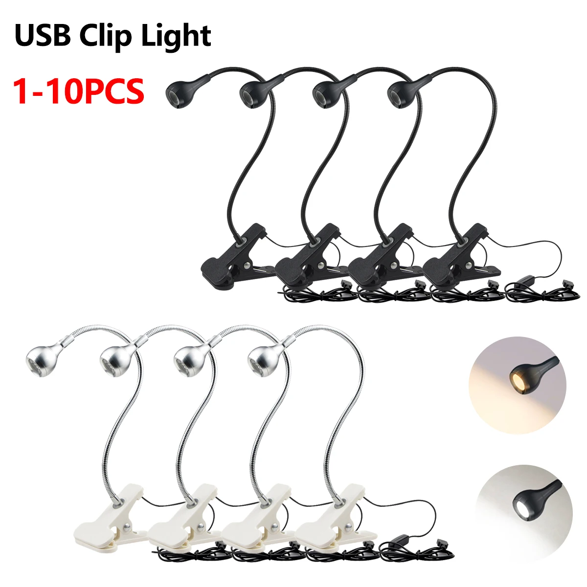 Book Light Flexible - 1-10Pcs Clip-On Light USB Power Reading